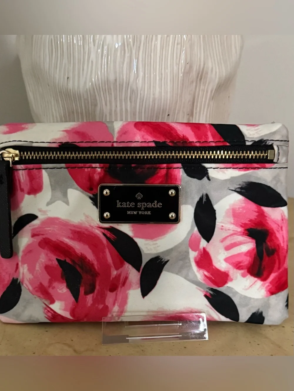kate spade floral cosmetic pouch in pink, black and white EUC